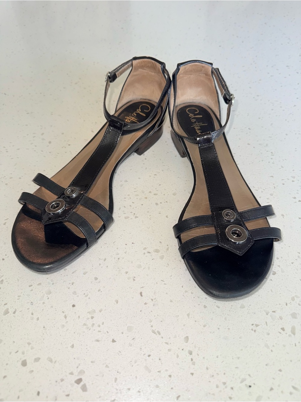 Cole Haan Black Leather T-Strap Sandals with Ankle Buckle